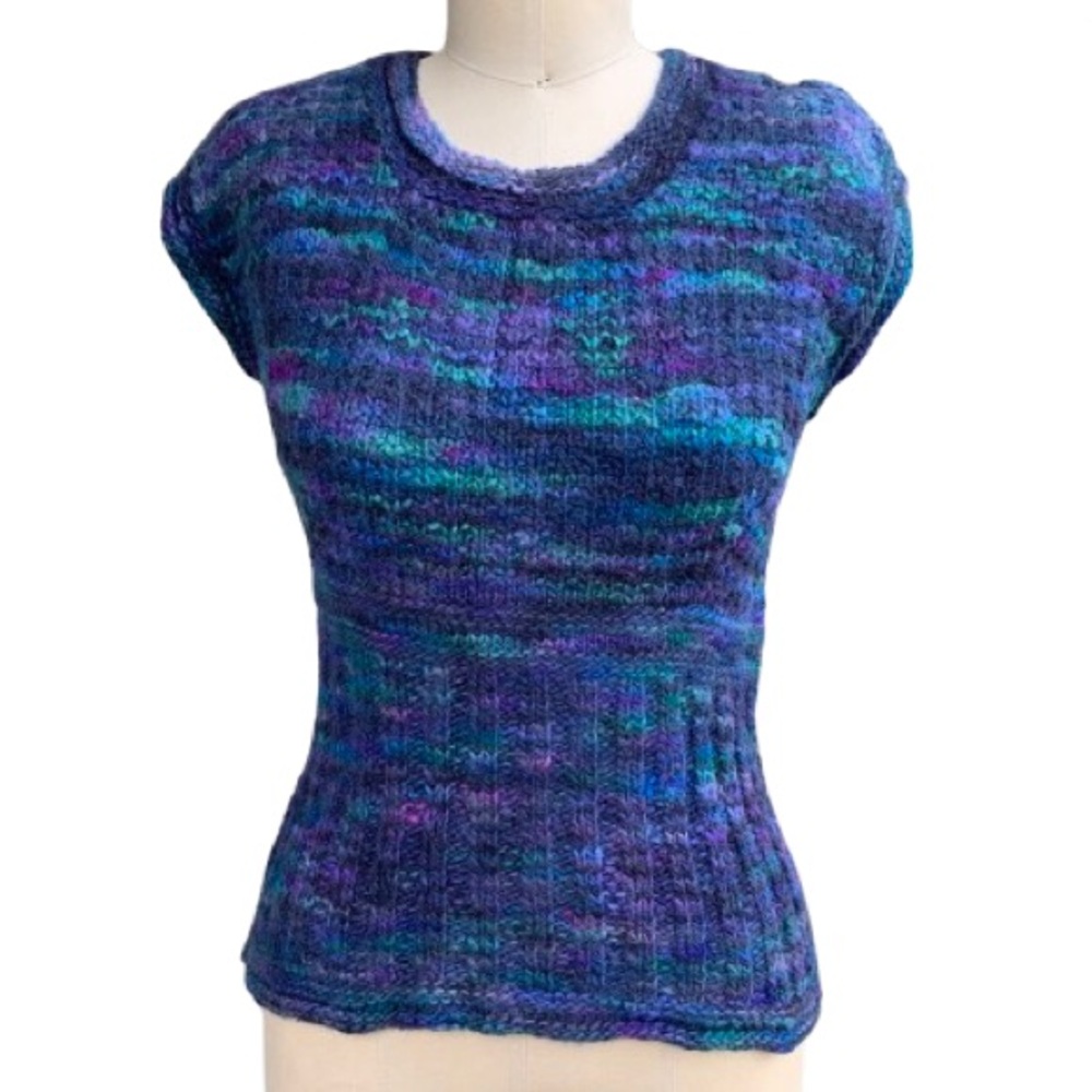 Vintage Hand Knit Space Dye Cap Sleeve Pullover Crew Neck Sweater Vest Top